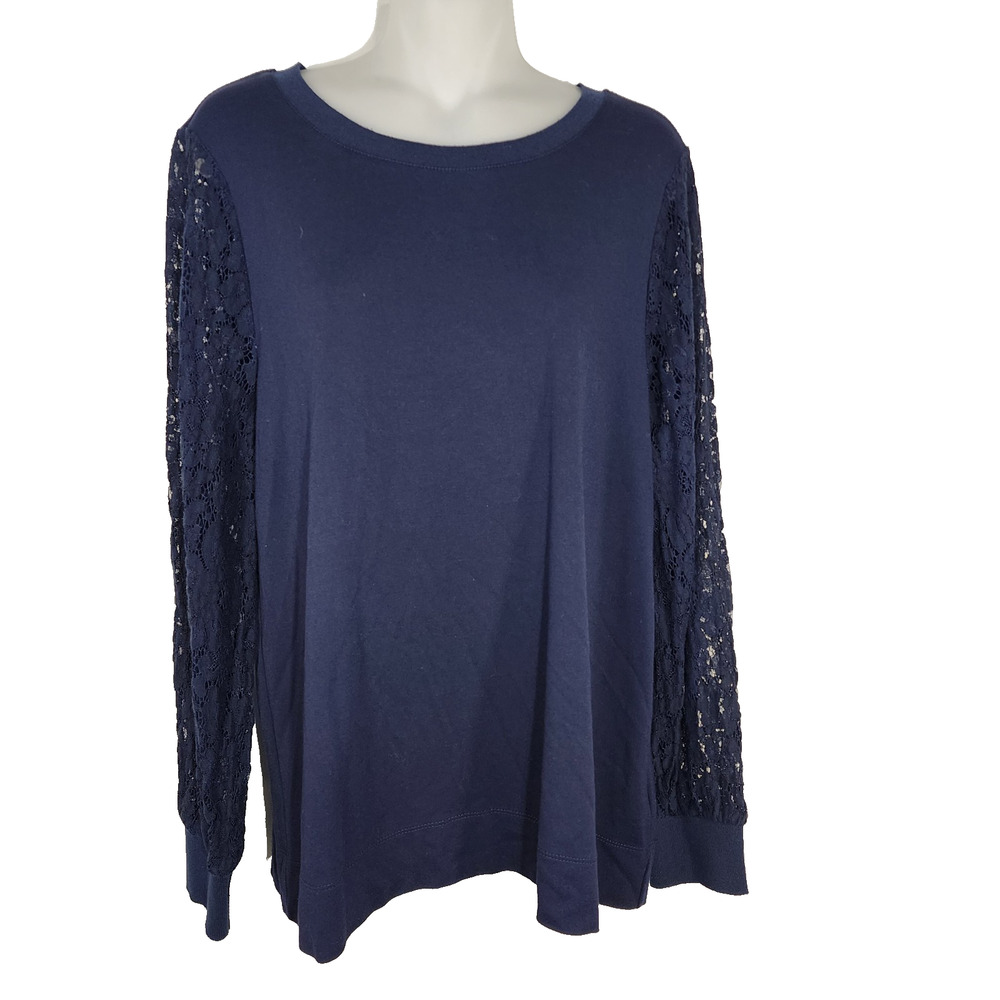Rose + Olive Blouse Top Women Large Lace Long Sheer Sleeve Blue Fairy Stretch